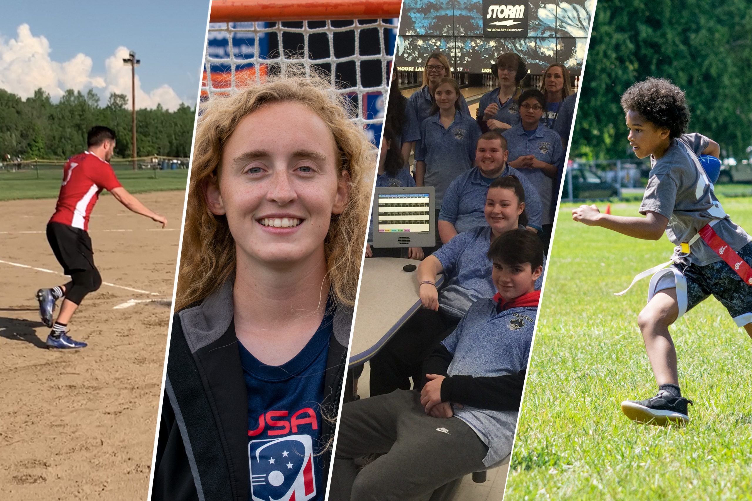 Photo collage from left of a man playing kickball, headshot of Bri Stahrr, group photo at a bowling alley and a boy playing football.