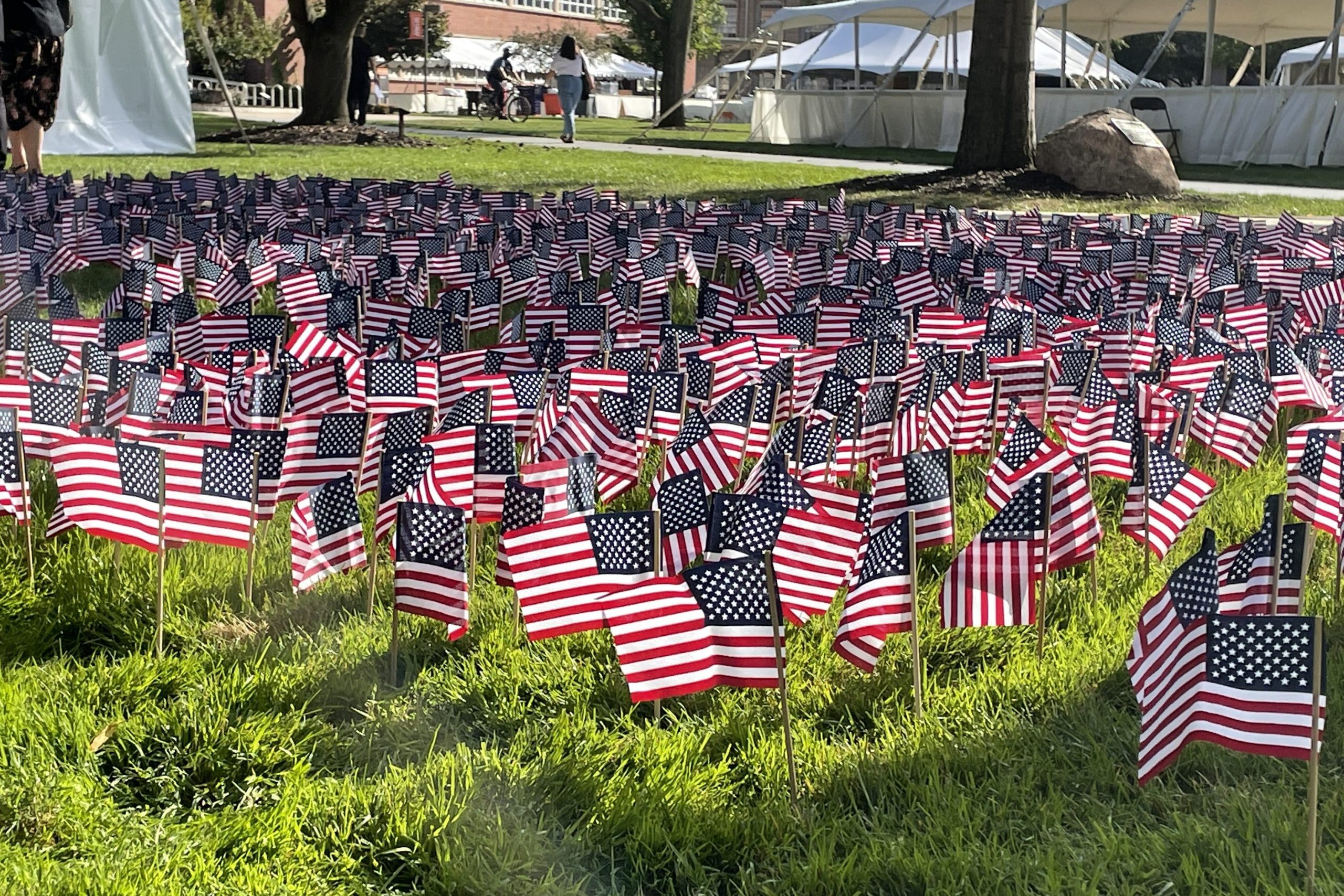 A flag garden stands outside Hendricks Chapel to honor the lives lost in the 9/11 attacks