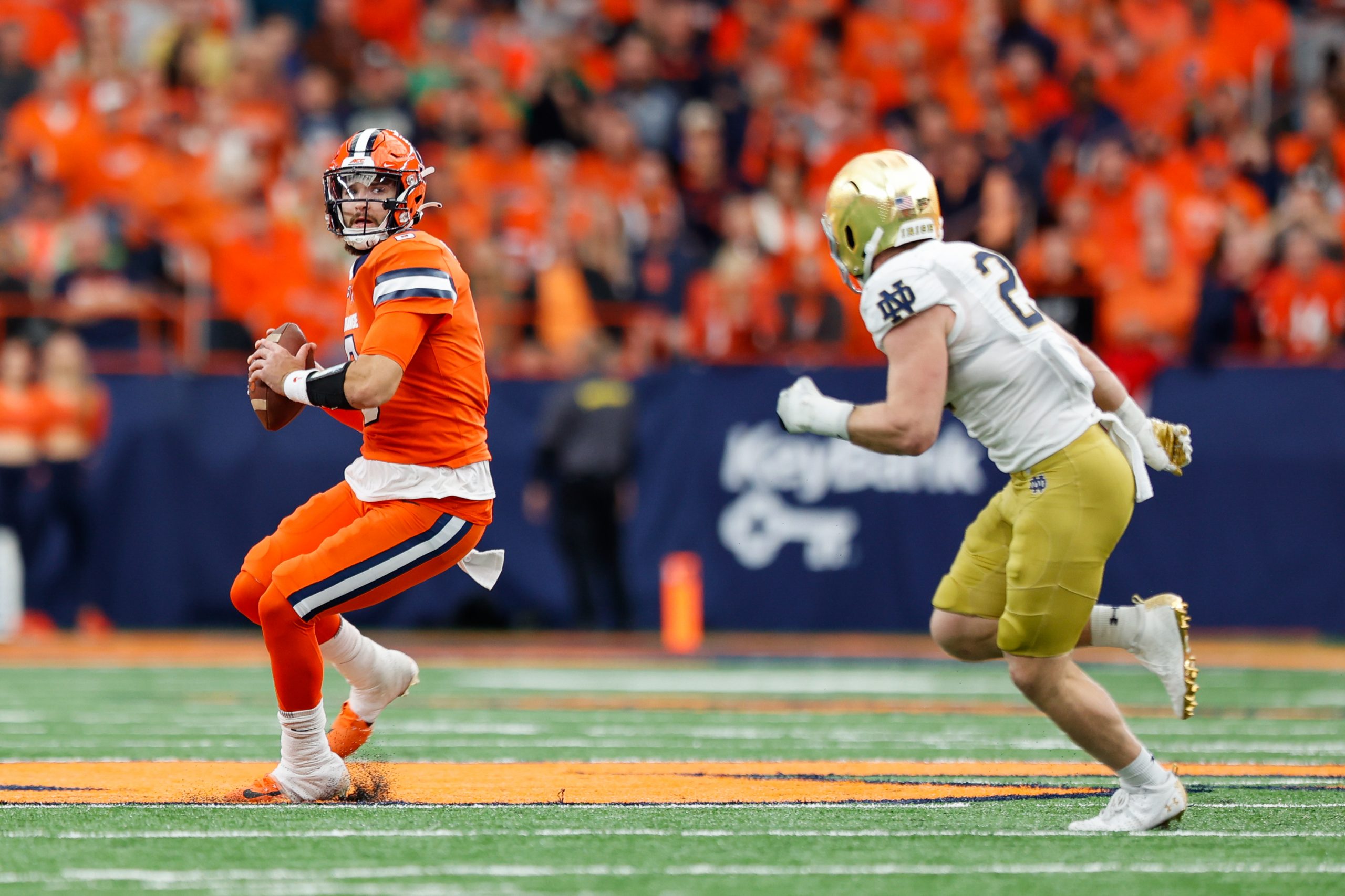SYRACUSE, NY - OCTOBER 29: Garrett Shrader #6 of the Syracuse Orange prepares to pass against the Notre Dame Fighting Irish at JMA Wireless Dome on October 29, 2022 in Syracuse, New York. (Photo by Isaiah Vazquez/The Newshouse)