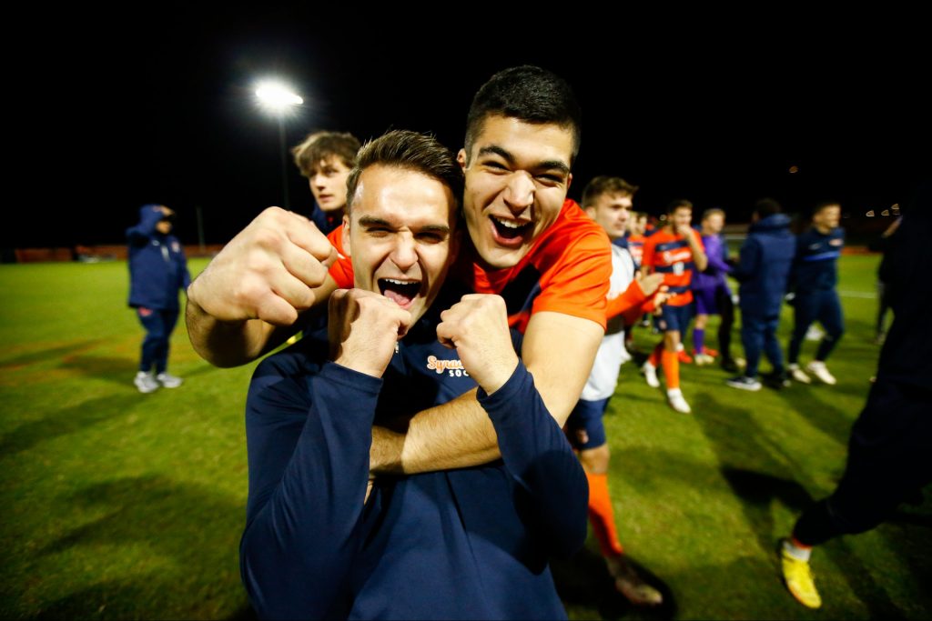SYRACUSE, NY - NOVEMBER 9: The Syracuse Orange celebrate after defeating the Virginia Cavaliers during the ACC Semifinal at SU Soccer Stadium on November 9, 2022 in Syracuse, New York. (Photo by Isaiah Vazquez/The Newshouse)
