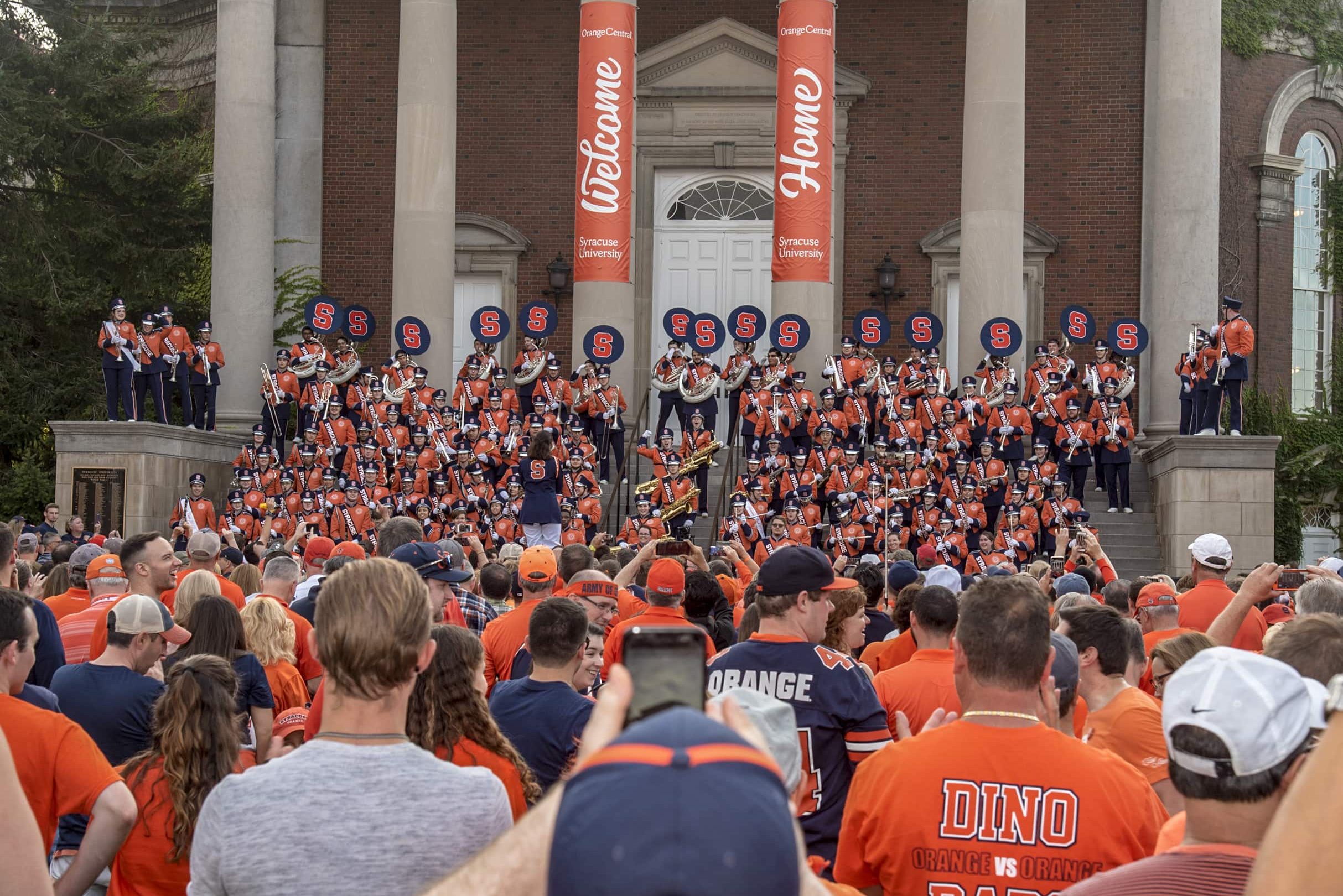The Syracuse University Marching Band plays for fans, alumni, students and family members near the Orange Central Tailgate before the SU Oranges vs. Clemson Tigers football game. The event, hosted by the SU Alumni Association, is the first at-home tailgate of the 2019 football season.