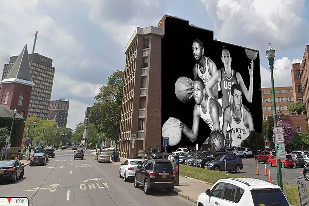 The Monroe Building on East Onondaga Street will serve as the canvas for this mural project, featuring four local athletes. Courtesy of Frank Malfitano/Jonas Never (Artist)