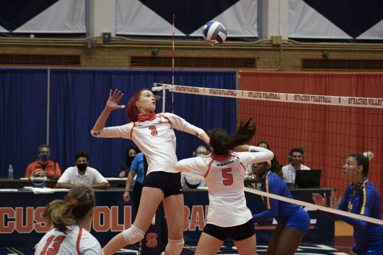 Syracuse Outside hitter Marina Markova jumps to spike the ball during the Sept. 25, 2020, home game against Pittsburgh.